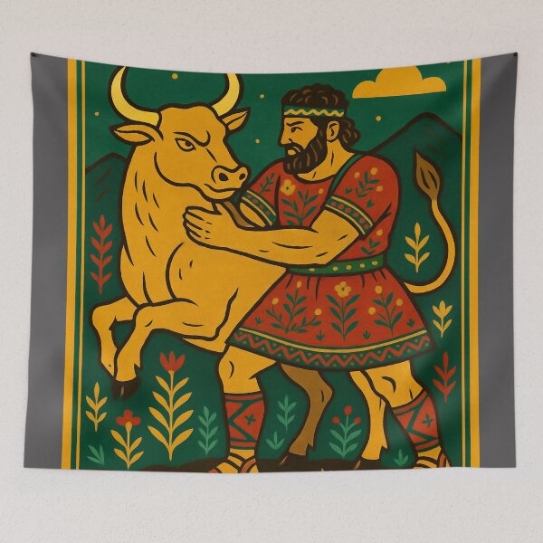 Item preview, Heracles Captures the Cretan Bull – Retro Folk Art designed and sold by mythographiaart.