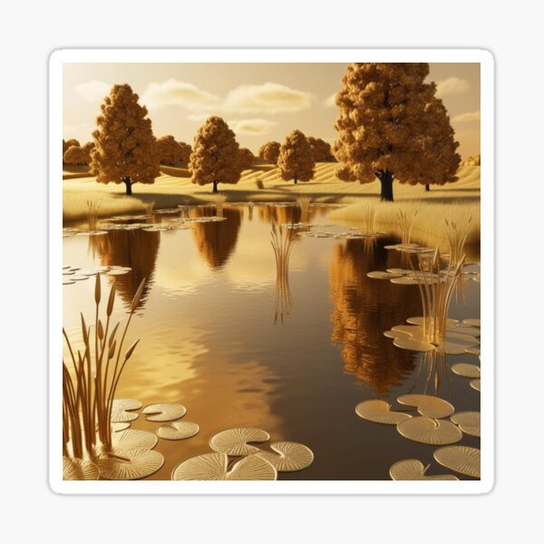 Item preview, Friedliches Kunstwerk einer goldfarbenen Teichlandschaft #HerbstDekor designed and sold by Spectime.