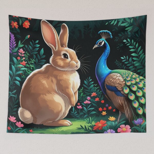Item preview, Bunny and peacock co existing in an eco friendly world designed and sold by Nature's Palette.