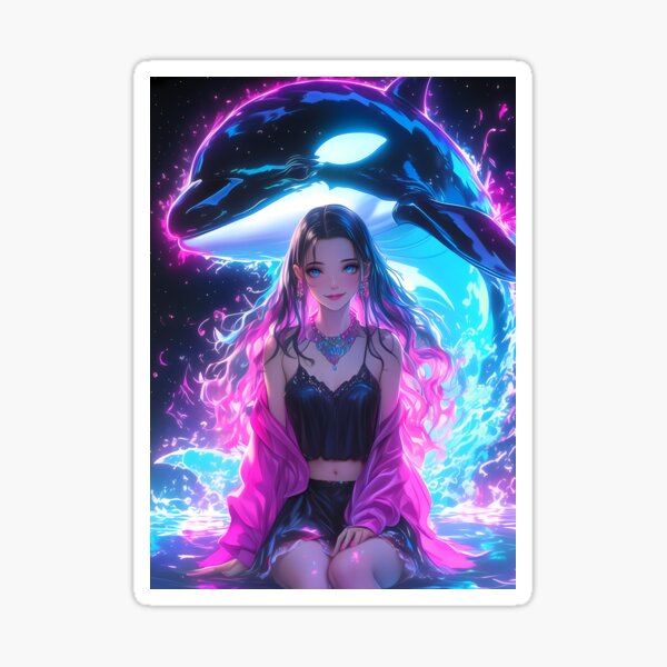 Item preview, Anime Neon Orca Guardian Protects Joyful Ocean Girl With Dreamlike Pink And Blue Power designed and sold by RonnieJacksarm.