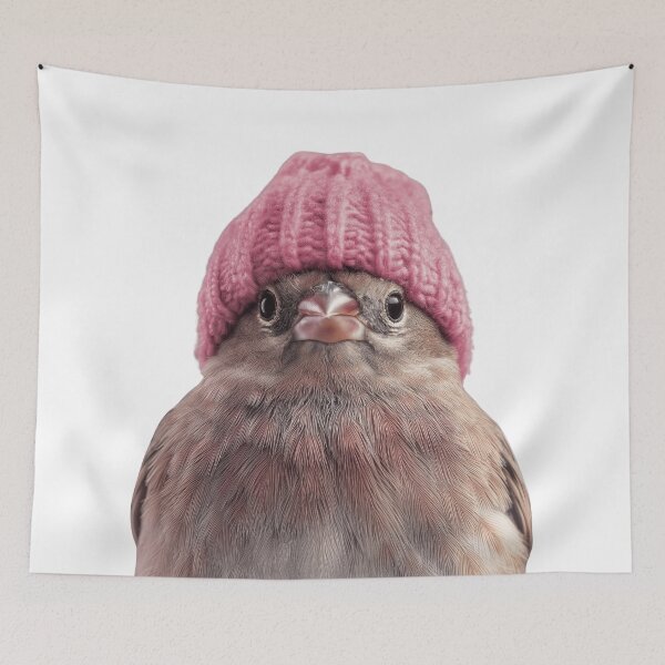 Item preview, Cozy House Finch Wearing Pink Winter Hat Trendy Animal Fashion Artwork designed and sold by LazyOwlStore.