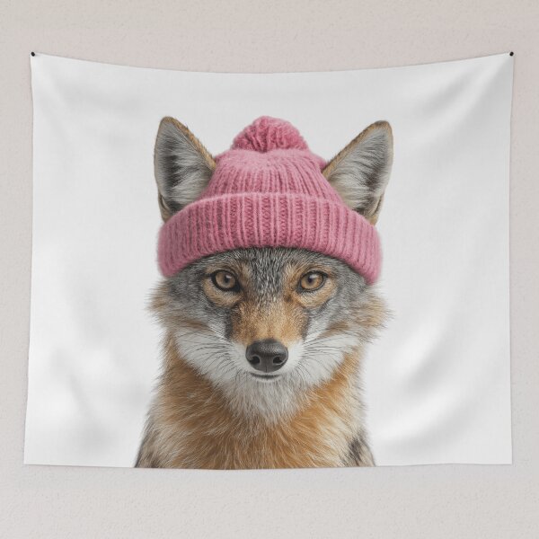 Item preview, Cozy Jackal Wearing Pink Winter Hat Trendy Animal Fashion Artwork designed and sold by LazyOwlStore.