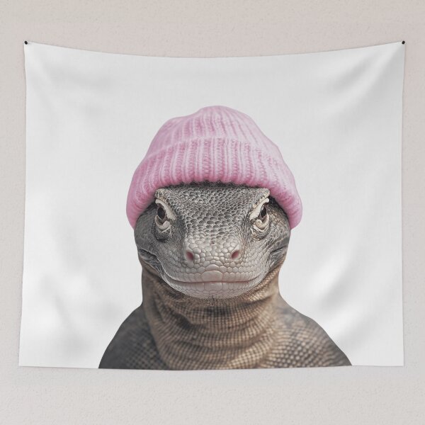 Item preview, Cozy Komodo Dragon Wearing Pink Winter Hat Trendy Animal Fashion Artwork designed and sold by LazyOwlStore.
