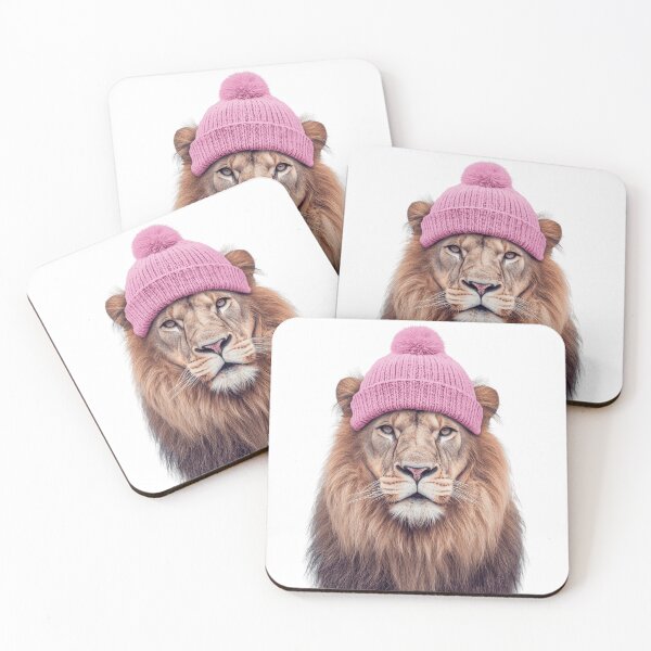 Item preview, Cozy Lion Wearing Pink Winter Hat Trendy Animal Fashion Artwork designed and sold by LazyOwlStore.