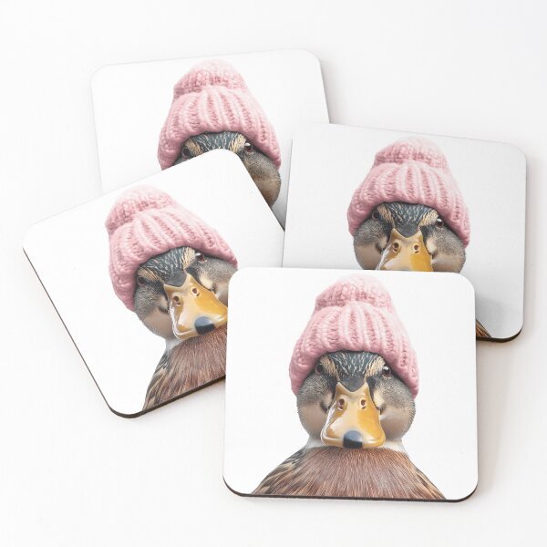 Item preview, Cozy Mallard bird Wearing Pink Winter Hat Trendy Animal Fashion Artwork designed and sold by LazyOwlStore.