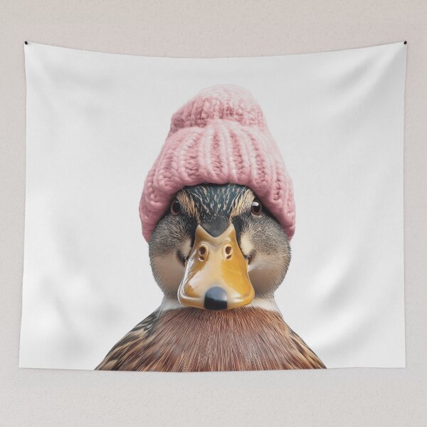 Item preview, Cozy Mallard bird Wearing Pink Winter Hat Trendy Animal Fashion Artwork designed and sold by LazyOwlStore.