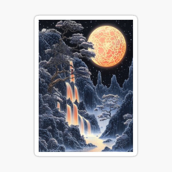 Item preview, Japanese Landscape Neon Waterfalls Flowing Through Fantasy Mountains Under Glowing Moon designed and sold by eshtaytorgboj.