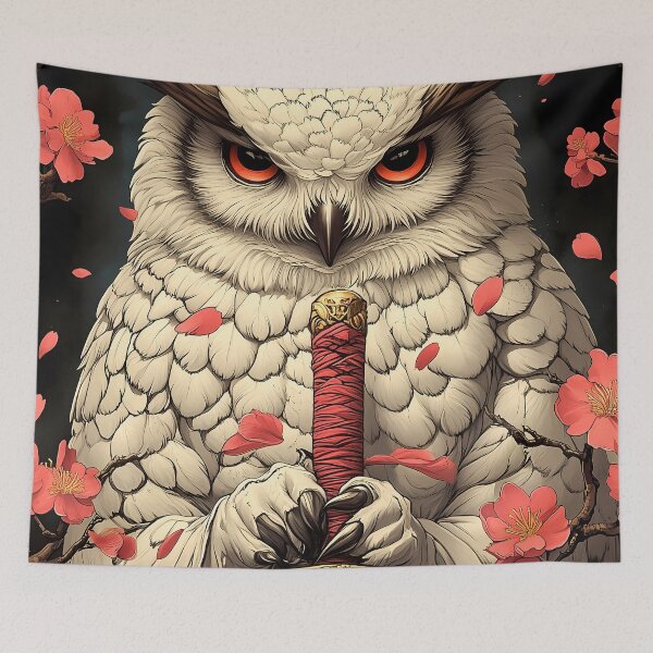 Item preview, Animal Owl Samurai Noble Warrior with Sword and Falling Sakura Petals designed and sold by korinekiljoe.