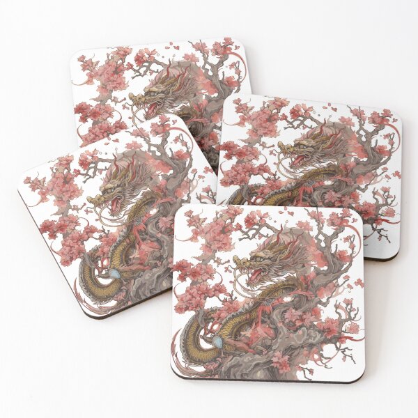 Item preview, Japanese Dragon with Cherry Blossoms – Mythical Creature Art – Traditional Ink Style Design Dragon Japan Style 1 designed and sold by Daagath.