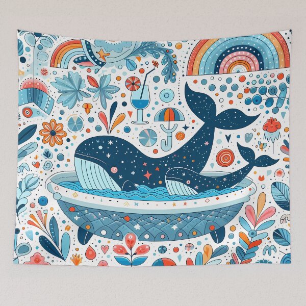 Item preview, Mother and Baby Blue Whales Swimming in a Whimsical Bathtub - Scandinavian Folk Art by heidiannemorris © designed and sold by FOLK ART FUSION by heidiannemorris.