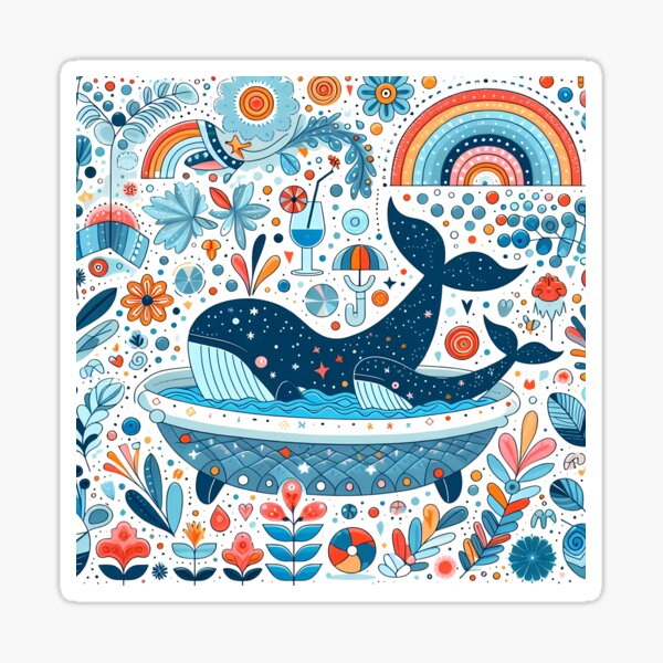 Item preview, Mother and Baby Blue Whales Swimming in a Whimsical Bathtub - Scandinavian Folk Art by heidiannemorris © designed and sold by FOLK ART FUSION by heidiannemorris.