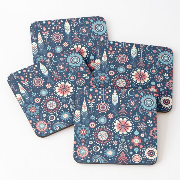 Item preview, Dark Blue Abstract Pattern Whimsical Floral Dotwork - Scandinavian Folk Art by heidiannemorris © designed and sold by FOLK ART FUSION by heidiannemorris.