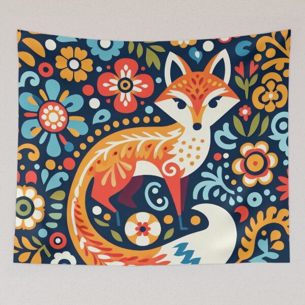Item preview, Whimsical Fox Colourful Floral Circle - Scandinavian Folk Art by heidiannemorris © designed and sold by FOLK ART FUSION by heidiannemorris.