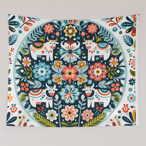 Item preview, Whimsical Scandinavian Cows Colourful Floral Circle - Scandinavian Folk Art by heidiannemorris © designed and sold by FOLK ART FUSION by heidiannemorris.