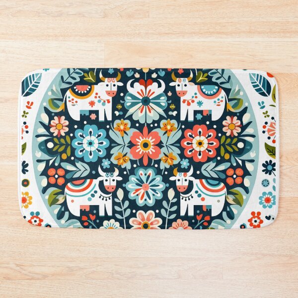 Item preview, Whimsical Scandinavian Cows Colourful Floral Circle - Scandinavian Folk Art by heidiannemorris © designed and sold by FOLK ART FUSION by heidiannemorris.