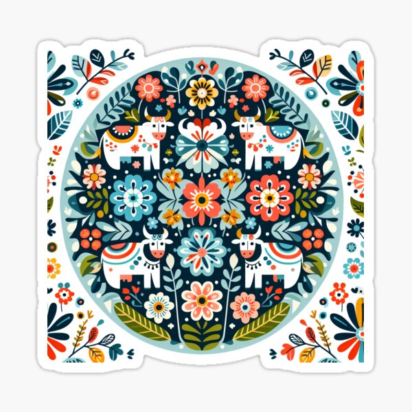 Item preview, Whimsical Scandinavian Cows Colourful Floral Circle - Scandinavian Folk Art by heidiannemorris © designed and sold by FOLK ART FUSION by heidiannemorris.