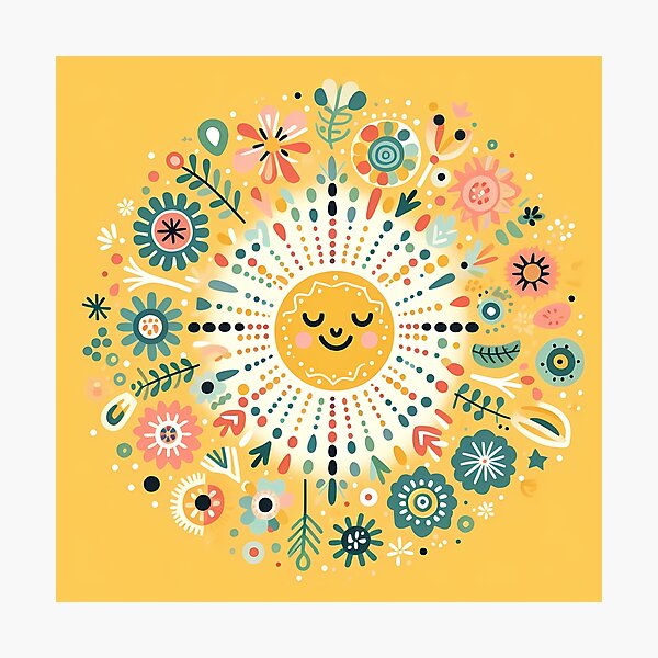 Item preview, Yellow Smiling Sun Intricate Nordic Radiance - Scandinavian Folk Art by heidiannemorris © designed and sold by FOLK ART FUSION by heidiannemorris.