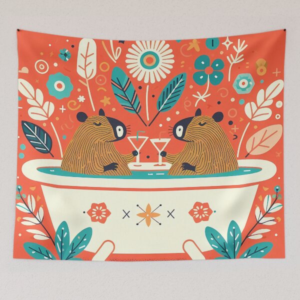 Item preview, Two Capybaras Enjoying Cocktails in a Bathtub - Whimsical Animal Art by heidiannemorris © designed and sold by FOLK ART FUSION by heidiannemorris.