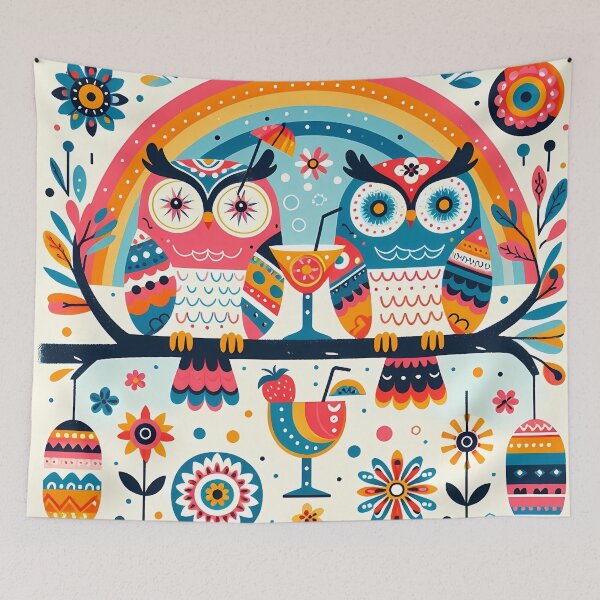 Item preview, Two Owls Perched on a Branch Enjoying Cocktails - Whimsical Animal Art by heidiannemorris © designed and sold by FOLK ART FUSION by heidiannemorris.