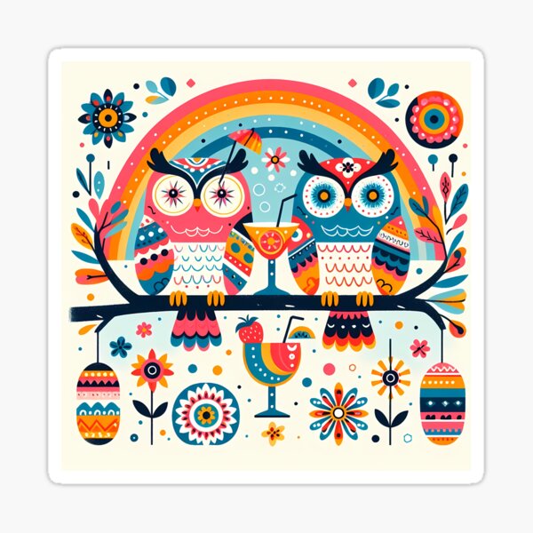 Item preview, Two Owls Perched on a Branch Enjoying Cocktails - Whimsical Animal Art by heidiannemorris © designed and sold by FOLK ART FUSION by heidiannemorris.