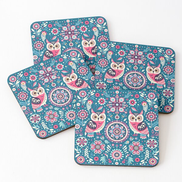 Item preview, Two Pink Folk Art Owls Harmonious Patterned Design - Scandinavian Folk Art by heidiannemorris © designed and sold by FOLK ART FUSION by heidiannemorris.