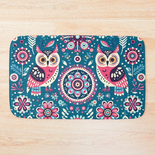 Item preview, Two Pink Folk Art Owls Harmonious Patterned Design - Scandinavian Folk Art by heidiannemorris © designed and sold by FOLK ART FUSION by heidiannemorris.