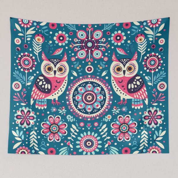 Item preview, Two Pink Folk Art Owls Harmonious Patterned Design - Scandinavian Folk Art by heidiannemorris © designed and sold by FOLK ART FUSION by heidiannemorris.