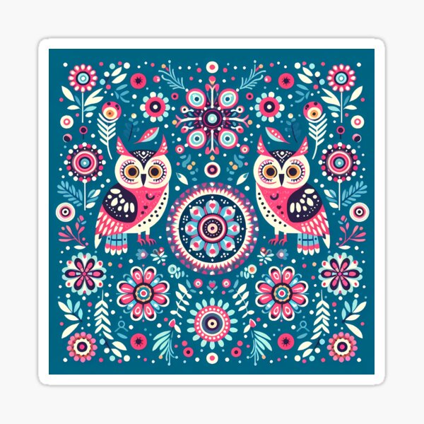 Item preview, Two Pink Folk Art Owls Harmonious Patterned Design - Scandinavian Folk Art by heidiannemorris © designed and sold by FOLK ART FUSION by heidiannemorris.