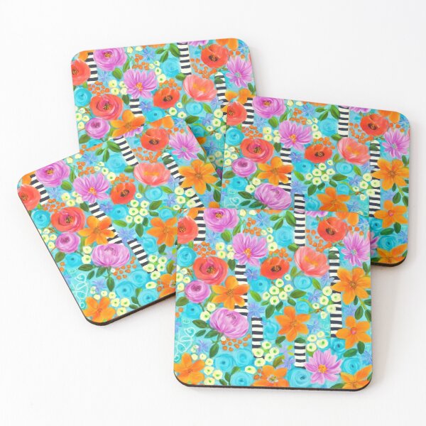 Item preview, Colorful flowers on turquoise with striped accent designed and sold by Design-Arte.