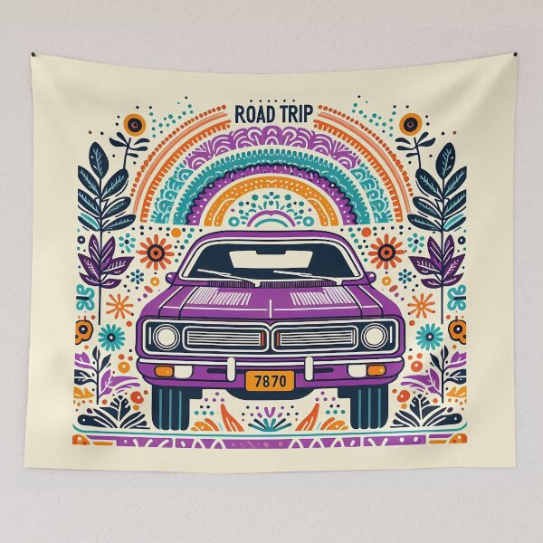 Item preview, ROAD TRIP? Purple Retro Car Whimsical Adventure by heidiannemorris © designed and sold by FOLK ART FUSION.