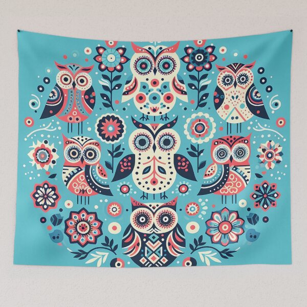 Item preview, Seven Whimsical Owls Folk Art Circle - Scandinavian Folk Art by heidiannemorris © designed and sold by FOLK ART FUSION by heidiannemorris.