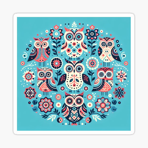 Item preview, Seven Whimsical Owls Folk Art Circle - Scandinavian Folk Art by heidiannemorris © designed and sold by FOLK ART FUSION by heidiannemorris.