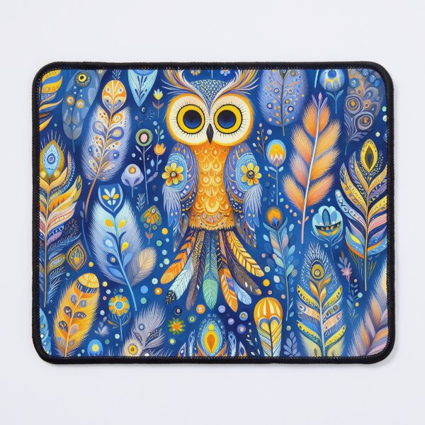 Item preview, Indigo blue Owl and feathers pattern by heidiannemorris designed and sold by FOLK ART FUSION by heidiannemorris.