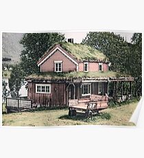Wooden Red House Ink Drawing Poster