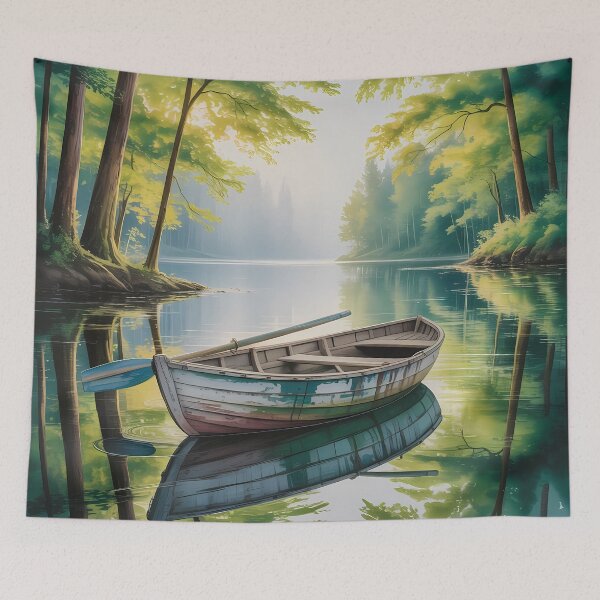 Item preview, Peaceful Rowboat on Forest Lake Watercolor   designed and sold by AntiqueWhiteArt.