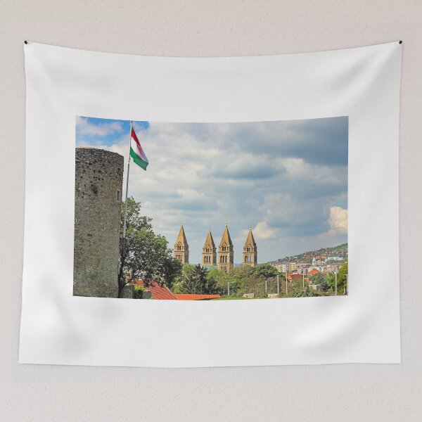 Item preview, Fortress tower with Hungarian flag and the Cathedral of Pecs, Hungary designed and sold by goceris.
