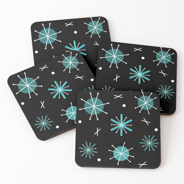 Item preview, Retro Atomic Planets Starbursts Black Turquoise designed and sold by thepixelgarden.