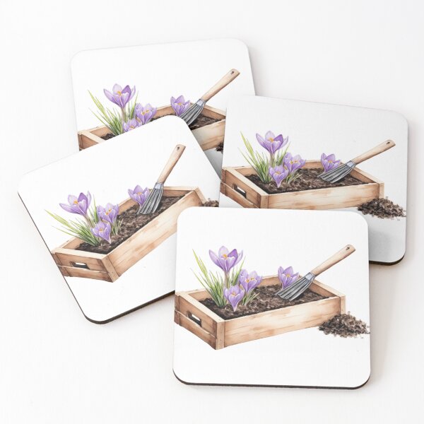 Artikelvorschau, Holzkiste mit lila Krokusblüten und Gartenkelle entworfen und verkauft von Creative88Art.