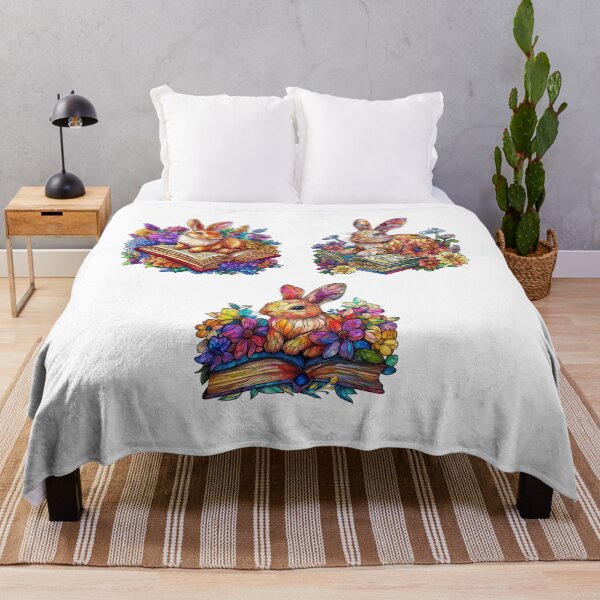 Item preview, Set of stickers with colorful rabbits surrounded by flowers and books in a whimsical design designed and sold by olenapetol.