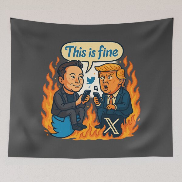 Item preview, This Is Fine – Elon Musk vs Trump Twitter X Meltdown Meme designed and sold by GirlyPopped.