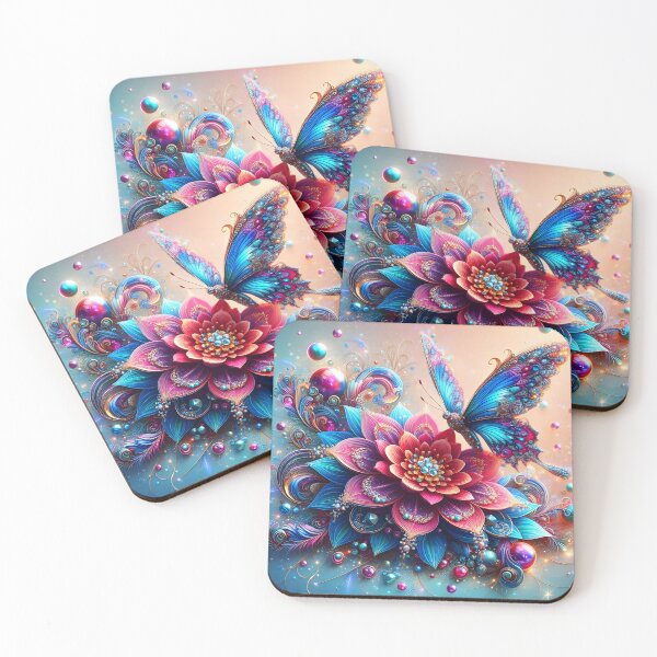 Item preview, Crystalline Butterfly on Bloom – Pink Blue Dreamy Fantasy Art designed and sold by EmeraldeaArt.