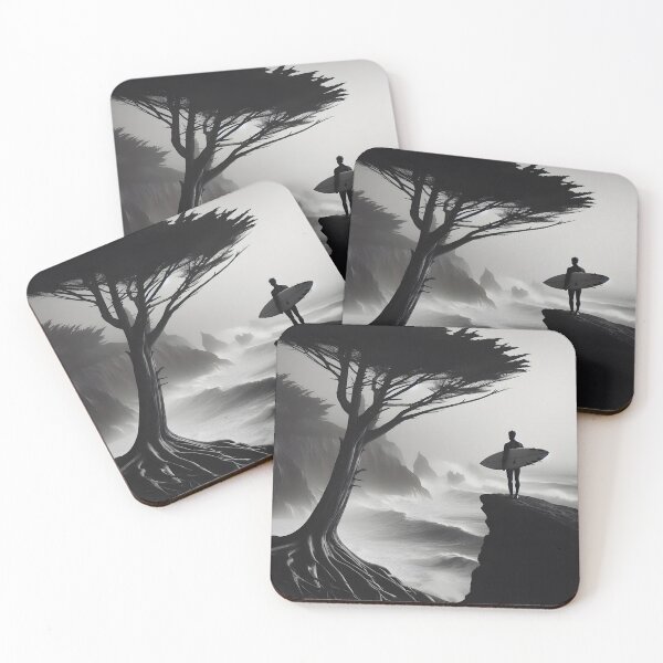 Item preview, Surfer stands on a cliff with a surfboard, overlooking a stormy ocean and tree in black and white designed and sold by homydesign.