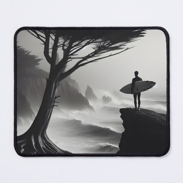 Item preview, Surfer stands on a cliff with a surfboard, overlooking a stormy ocean and tree in black and white designed and sold by homydesign.