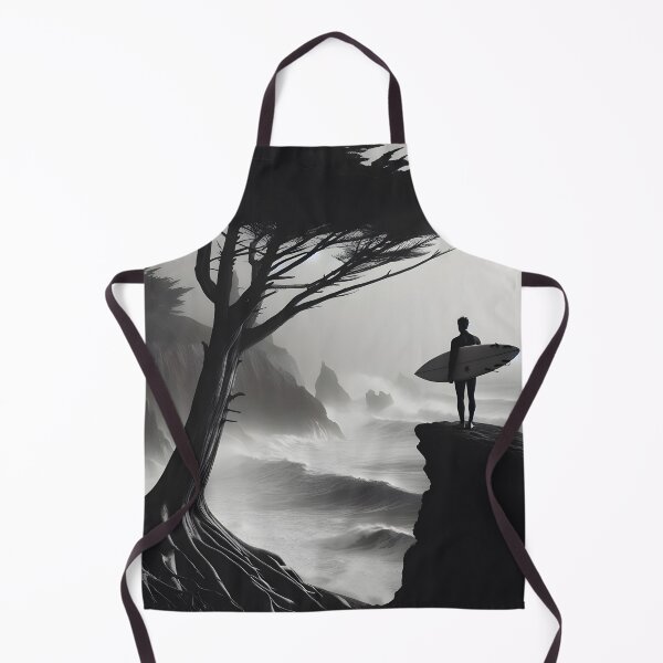 Item preview, Surfer stands on a cliff with a surfboard, overlooking a stormy ocean and tree in black and white designed and sold by homydesign.