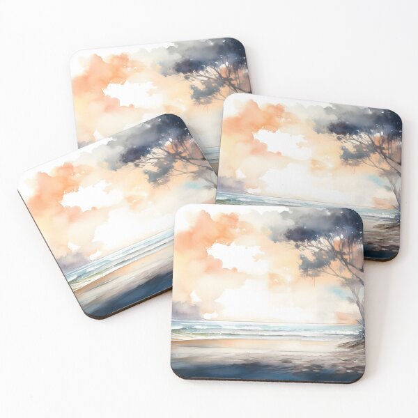 Item preview, A watercolor painting of a beach with a tree, ocean waves, and a colorful, cloudy sky designed and sold by homydesign.
