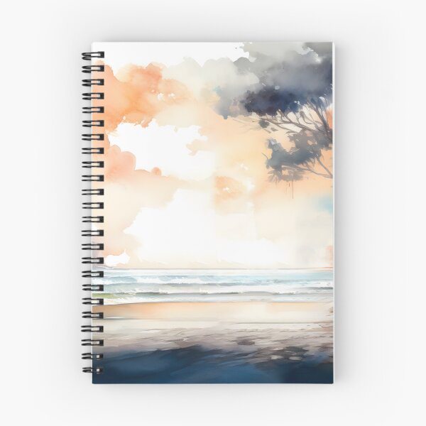 Item preview, A watercolor painting of a beach with a tree, ocean waves, and a colorful, cloudy sky designed and sold by homydesign.