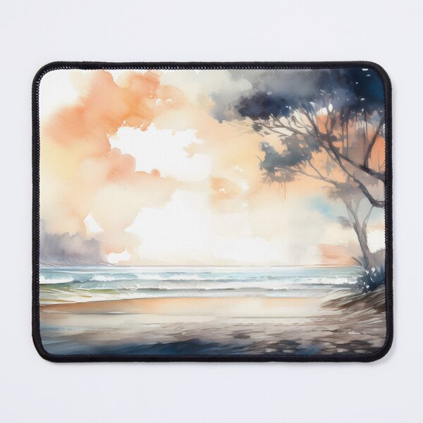 Item preview, A watercolor painting of a beach with a tree, ocean waves, and a colorful, cloudy sky designed and sold by homydesign.