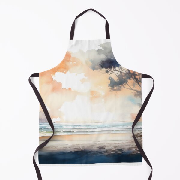 Item preview, A watercolor painting of a beach with a tree, ocean waves, and a colorful, cloudy sky designed and sold by homydesign.