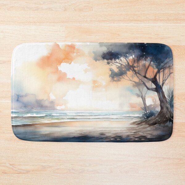 Item preview, A watercolor painting of a beach with a tree, ocean waves, and a colorful, cloudy sky designed and sold by homydesign.