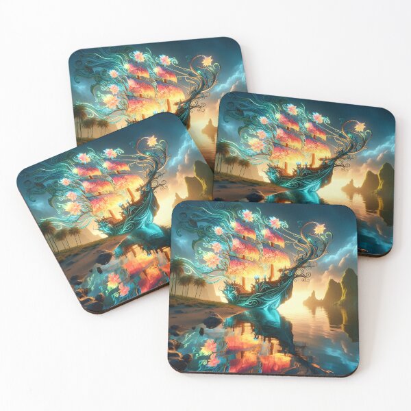 Item preview, Elven Floral Ship at Sunset Near Island designed and sold by EmeraldeaArt.